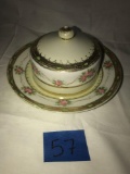 Dish with lid gold trim with peonies
