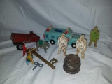 Box of miscellaneous Smurfs van little toy wooden guys key wagon