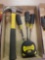 Hammer, Klein tools flat screwdrivers & 10n1 driver, 25' Stanley Tape Measure