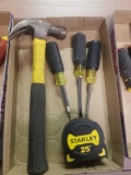 Hammer, Klein tools flat screwdrivers & 10n1 driver, 25' Stanley Tape Measure