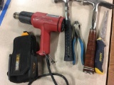Milwaukee Heat Gun, 2 Hammers, drywall saw, plyers, toughbuilt tool holders