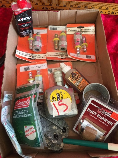 Box of Misc. Items: Packing Incorporate Air Accessories, Coleman String -Tie and more