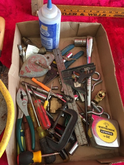 Box of Misc. Containing screwdrivers, tapes measure and more