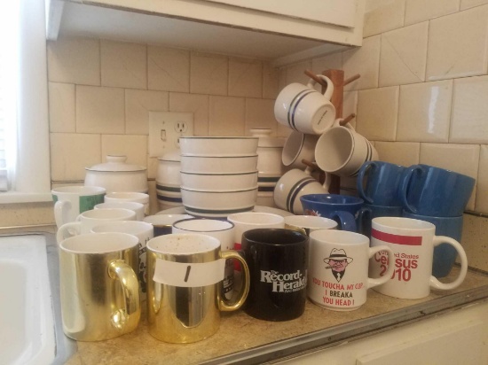 Assortment of coffee mugs Dishes, Bowls, mug holder rack, flour jars