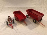 3x 1/16th TRU-SCALE Flare side wagon, pick up box wagon and two bottom plow
