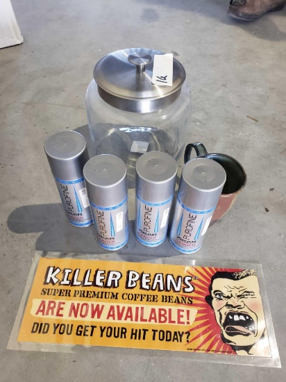 Miscellaneous: killer beans laminated sign, 4 Purofine Xikar butane cans, Glass Jar with lid