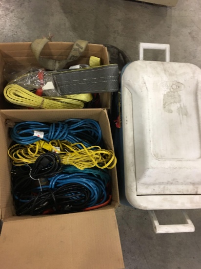 Box of heavy duty straps, box of extension cords and igloo cooler