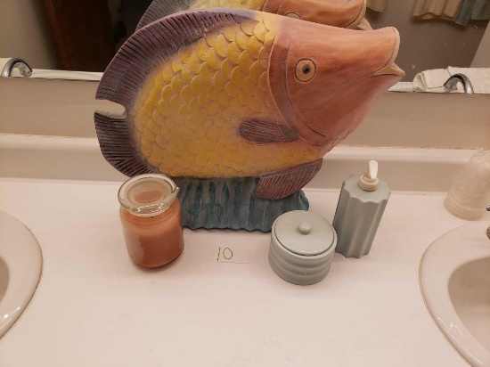 Bathroom Decor: fish statue, Soap dispensers, candle, coral picture, dolphin night light