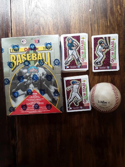Unopened box of 1993 O-Pee-Chee Baseball Cards, 1993 Upper Deck Glow Stars Stickers, and a signed