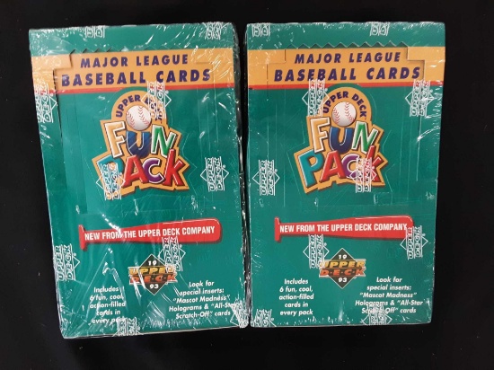 Two unopened boxes of major league baseball cards 1993 Upper Deck Fun Pack