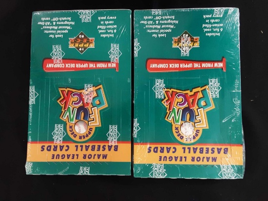 Two unopened boxes of major league baseball cards 1993 Upper Deck Fun Pack