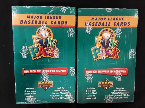 Two unopened boxes of major league baseball cards 1993 Upper Deck Fun Pack