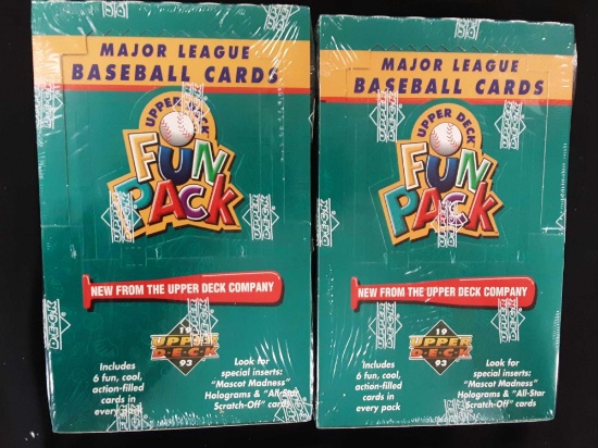 Two unopened boxes of major league baseball cards 1993 Upper Deck Fun Pack