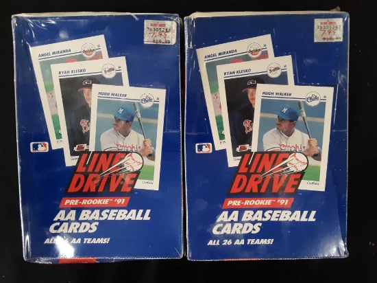 Two unopened boxes of line drive pre rookie 1991 AA baseball cards