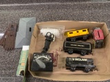 O Scale Tin Train cars, lamp in original box and platic building with Toy Transformer