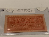 Nazi WWII 5 Funf paper currency