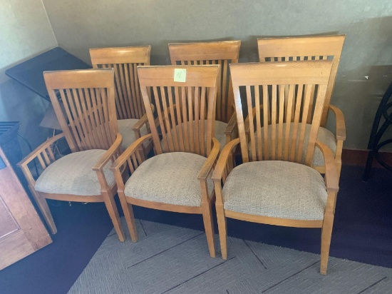 6x-Tan padded wood Arm chairs nice clean shape
