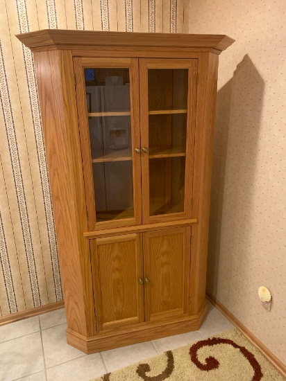 Handcrafted solid oak corner cabinet with glass cabinets