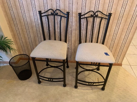 Bar top chairs and trash can. Metal frames