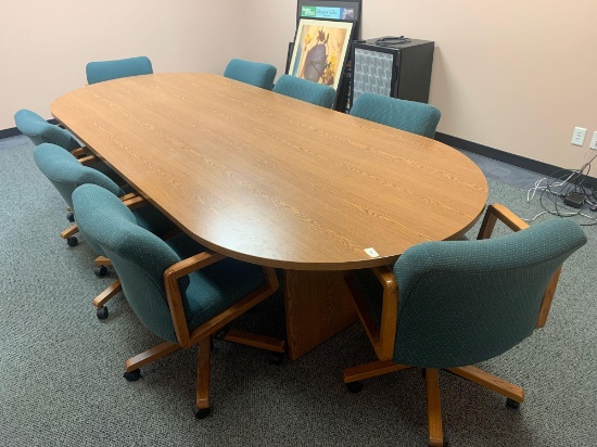 Conference table and 8 chairs approx 9ft long