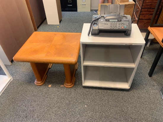 End table, fax machine, and rolling cart