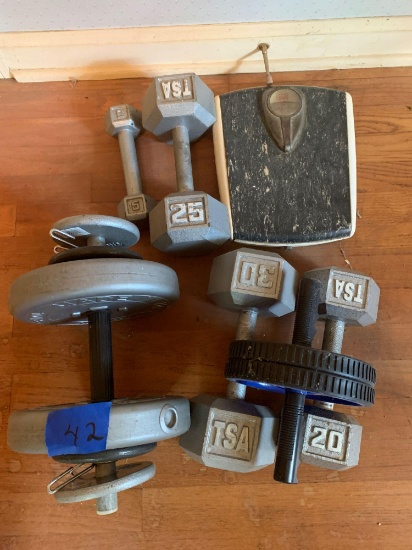 Barbells and workouts plus antique scale