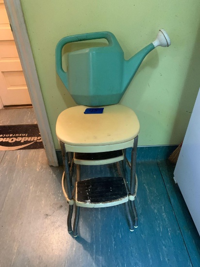 Antique stepstool high chair and antique water can