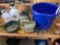 Nearly full bottle of Roundup control extender weed spraying pumps blue handled Bucket seeder plus