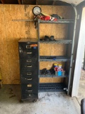 Rolling converted tool box and plastic shelving contents on shelving included