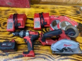 18 V Milwaukee set including a metal saw and a impact hammer drill with two chargers and one battery