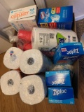 Paper towels Ziploc bags cutlery cups toilet wands, plates +