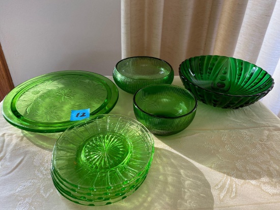 Oyster and pearl green bowl, vintage cake stand, and other vintage glassware