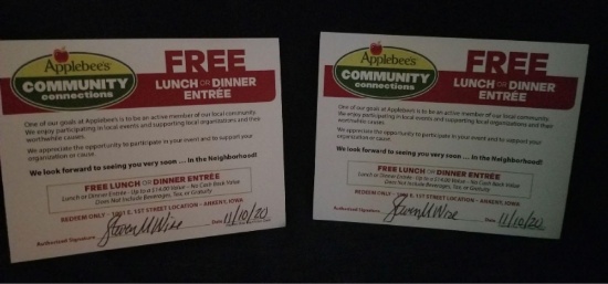 Two (2) FREE Lunch or Dinner Entree at Applebee's Redeem at 1001 East Street Location, Ankeny, IA