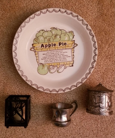 Vintage Apple Pie Plate and Pewter Cup and Bank plus Black Iron Candle Holder