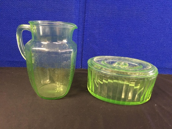 Antique Lim Green Pitcher and Container