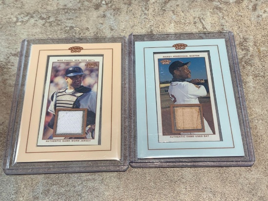 2002 tops Rickey Henderson game used bat and Mike Piazza game worn jersey cards