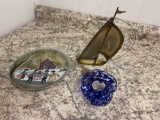 Glass blown signed piece, P Buckley moss and signed sailboat