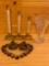 Brass Candlesticks, Crystal Vase and Doily