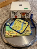 Crate and barrel chrome tray, glasses and apron