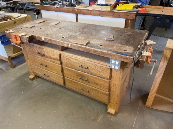 30in x 76in x 36in tall wood working bench with 2 vices