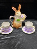 Bunny Teapot and 2 crocus tea cups 2 x $