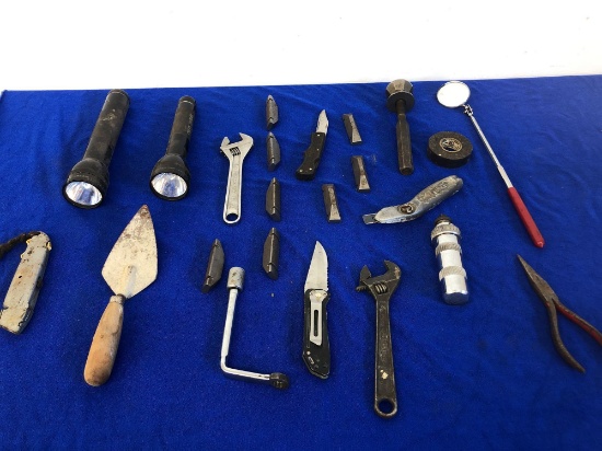 Flash lights, crescent wrench, extension mirror plus