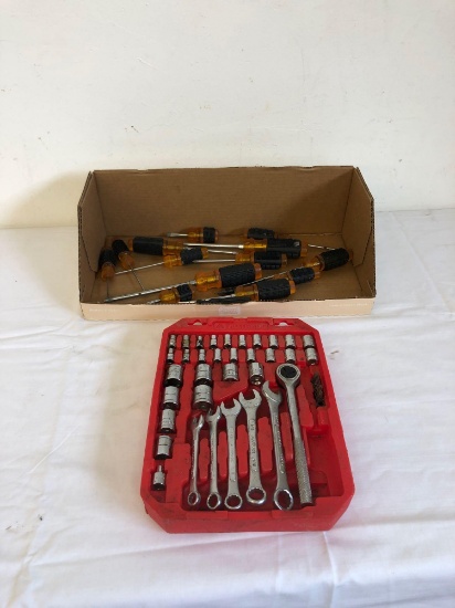 Screwdriver set, wrench and socket set