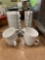 Coffee mugs and espresso cups with plates in more