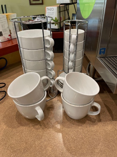 Coffee mugs and espresso cups with plates in more