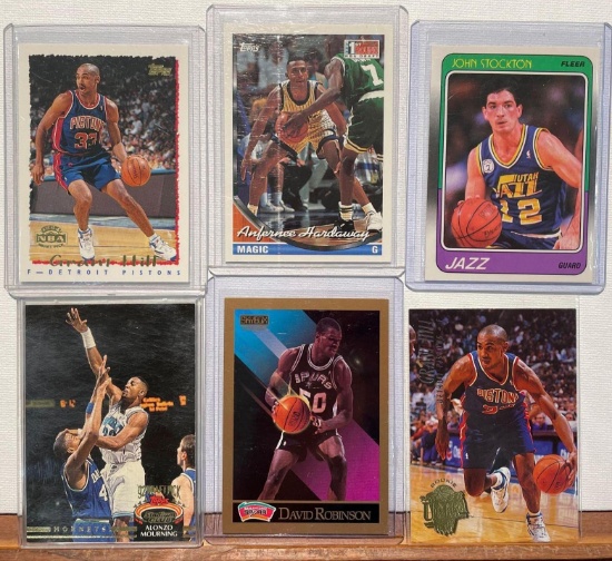 Basketball cards including Hill, mourning, Robinson, Stockton, and Hardaway