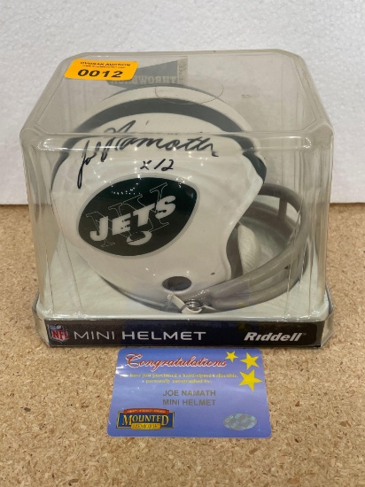 Joe Namath Autographed Mini Helmet with Mounted memories COA