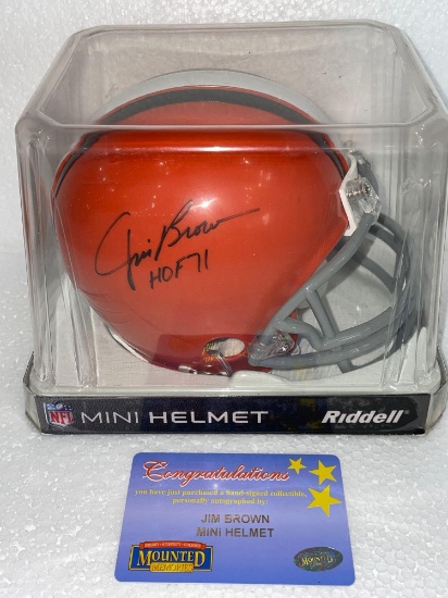 Jim Brown Autographed Mini Helmet with Mounted memories COA