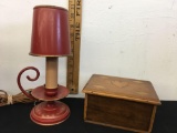 Vintage metal table lamp and wood box