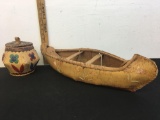 Antique Art Craft American Indian Handmade canoe and Handmade mini basket with lid